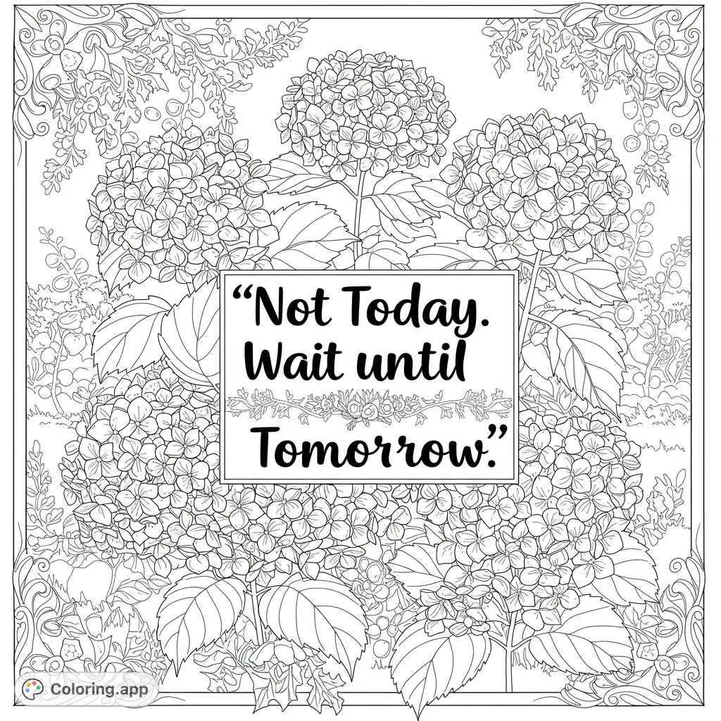 A beautiful hydrangea garden coloring page with intricate blossoms and a decorative border, perfect for relaxation and creative expression.