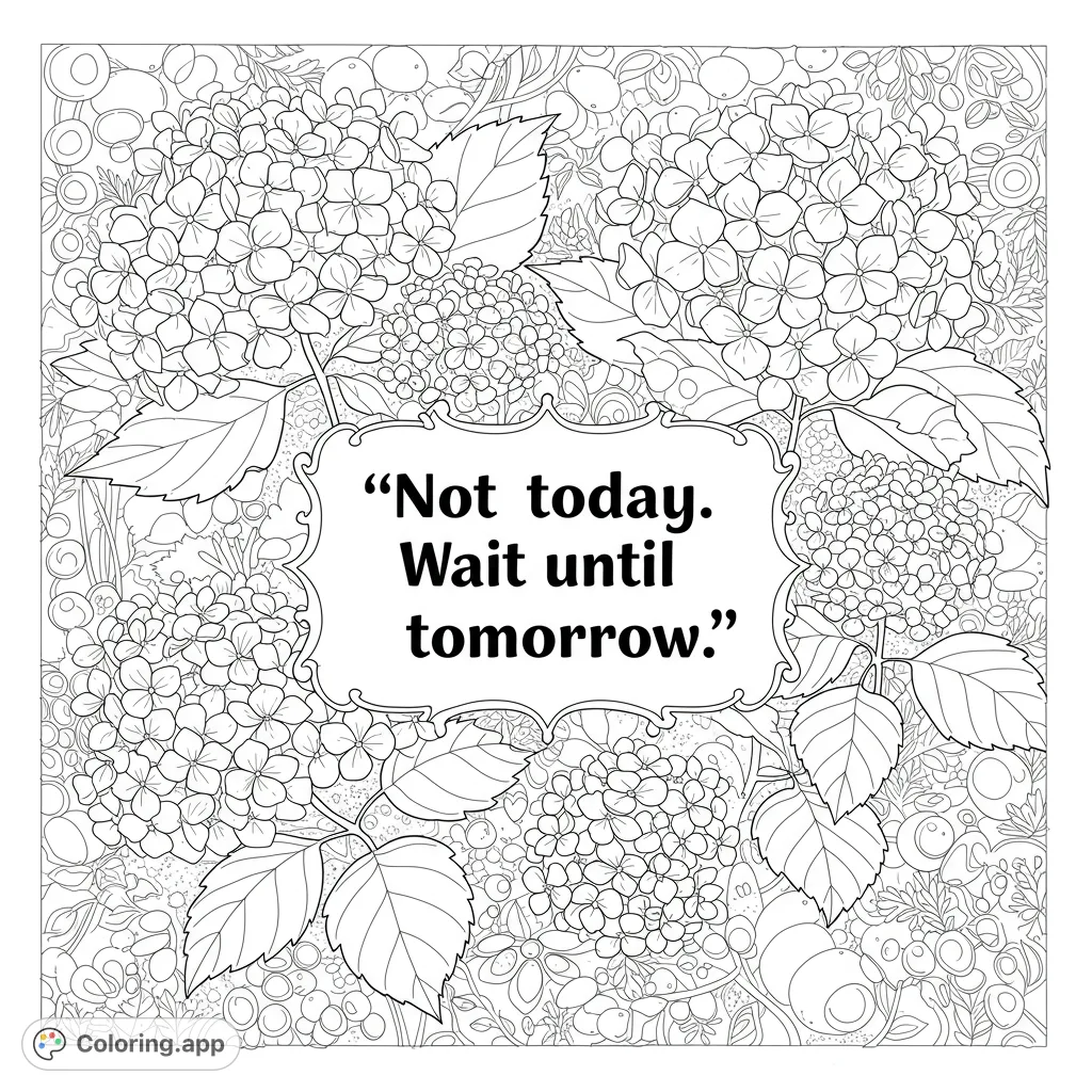 An intricate floral coloring page featuring detailed hydrangeas and an ornate central frame, perfect for relaxation and creative expression.