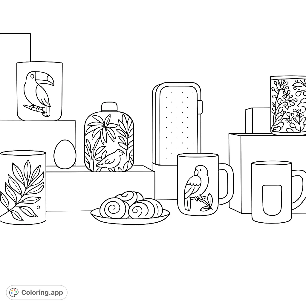A charming still life coloring page featuring decorative mugs, bottles, and pastries arranged on geometric blocks, perfect for creative expression.