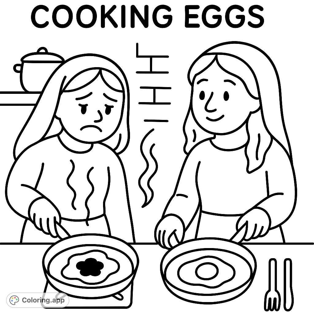Two friends in a kitchen, one proudly cooking a perfect egg, the other facing a burnt culinary mishap. A fun, relatable kitchen scene.