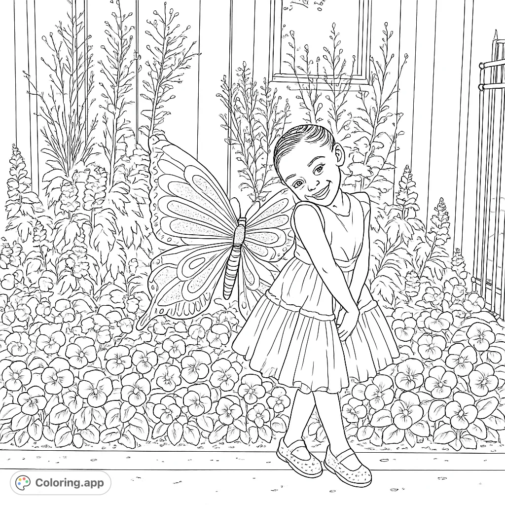 A delightful girl with beautiful butterfly wings smiles in a vibrant garden filled with detailed flowers and lush plants. A charming free printable coloring page.