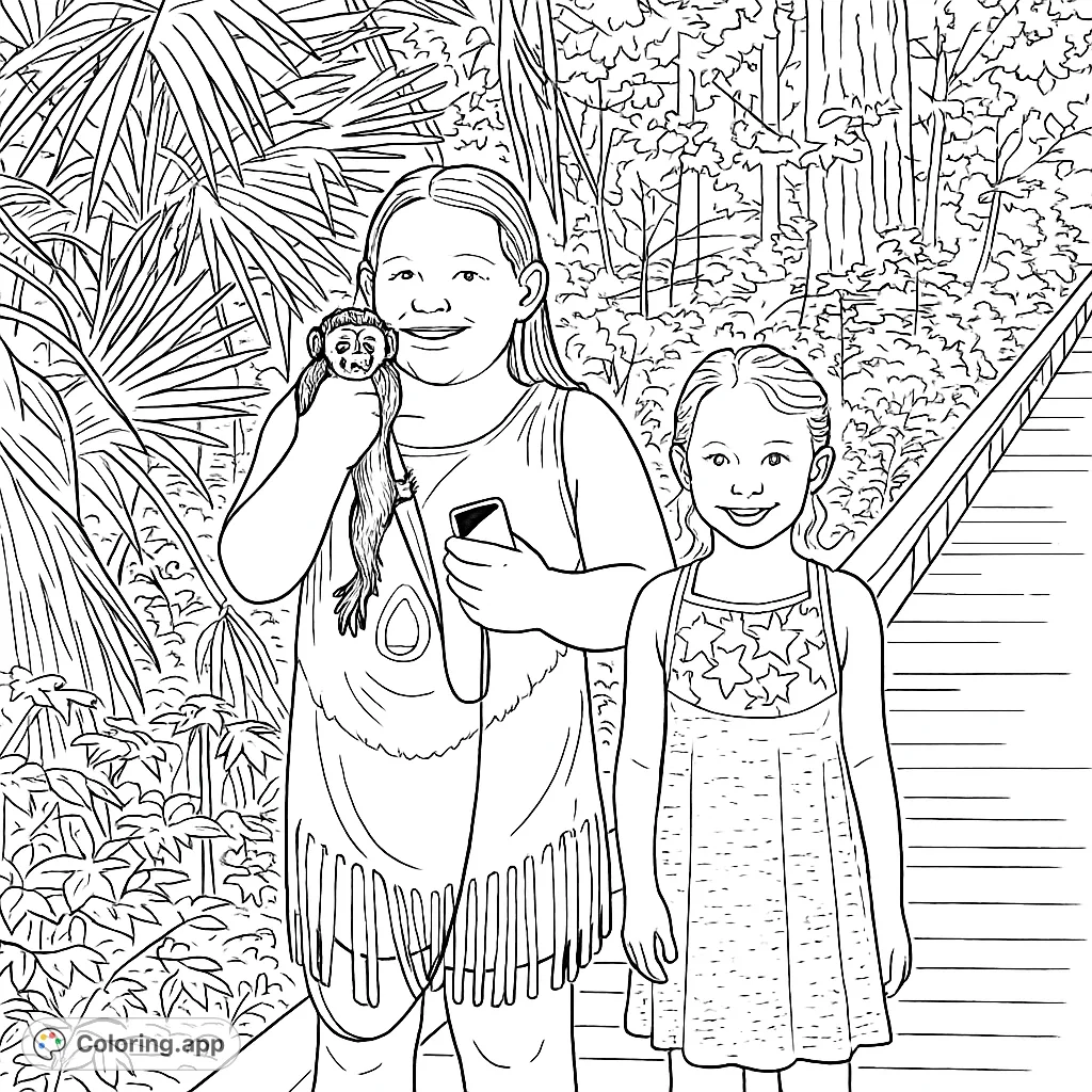 Two smiling girls on a jungle adventure, one holding a cute monkey, surrounded by lush foliage and a boardwalk. A fun jungle adventure coloring page.