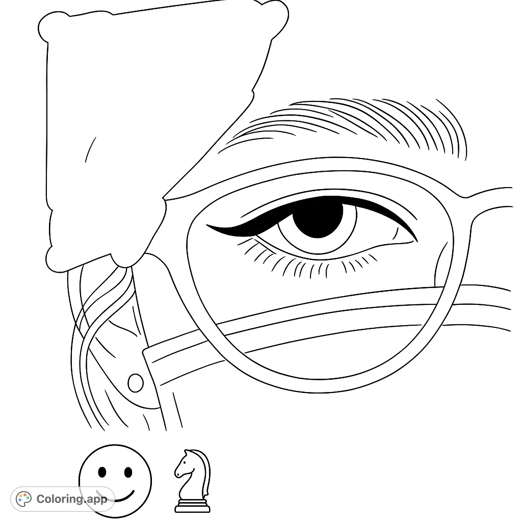 A unique coloring page featuring a close-up of an eye with glasses and a mask, plus a smiley face and chess knight. Free printable coloring page for all ages.