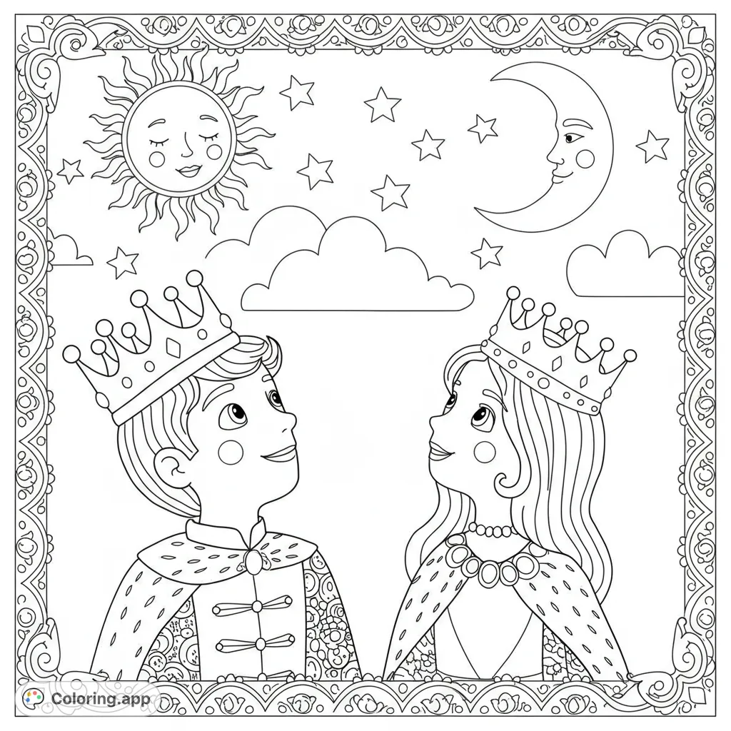 A charming prince and princess gaze at a smiling sun and moon, framed by an ornate border. A delightful fairytale coloring page.