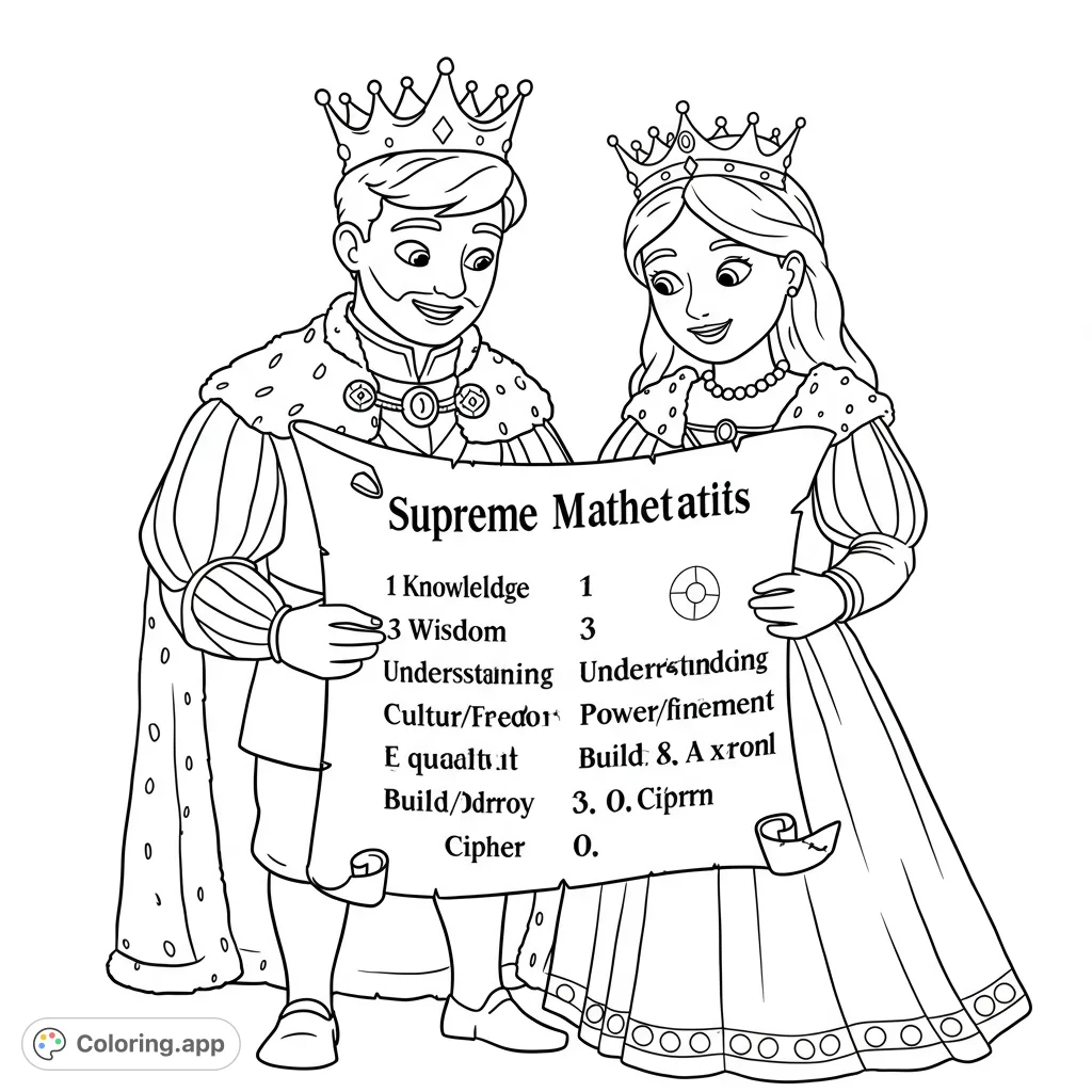 A regal king and queen in elaborate attire examine an ancient scroll, perfect for a royal-themed coloring adventure. Free printable coloring page.
