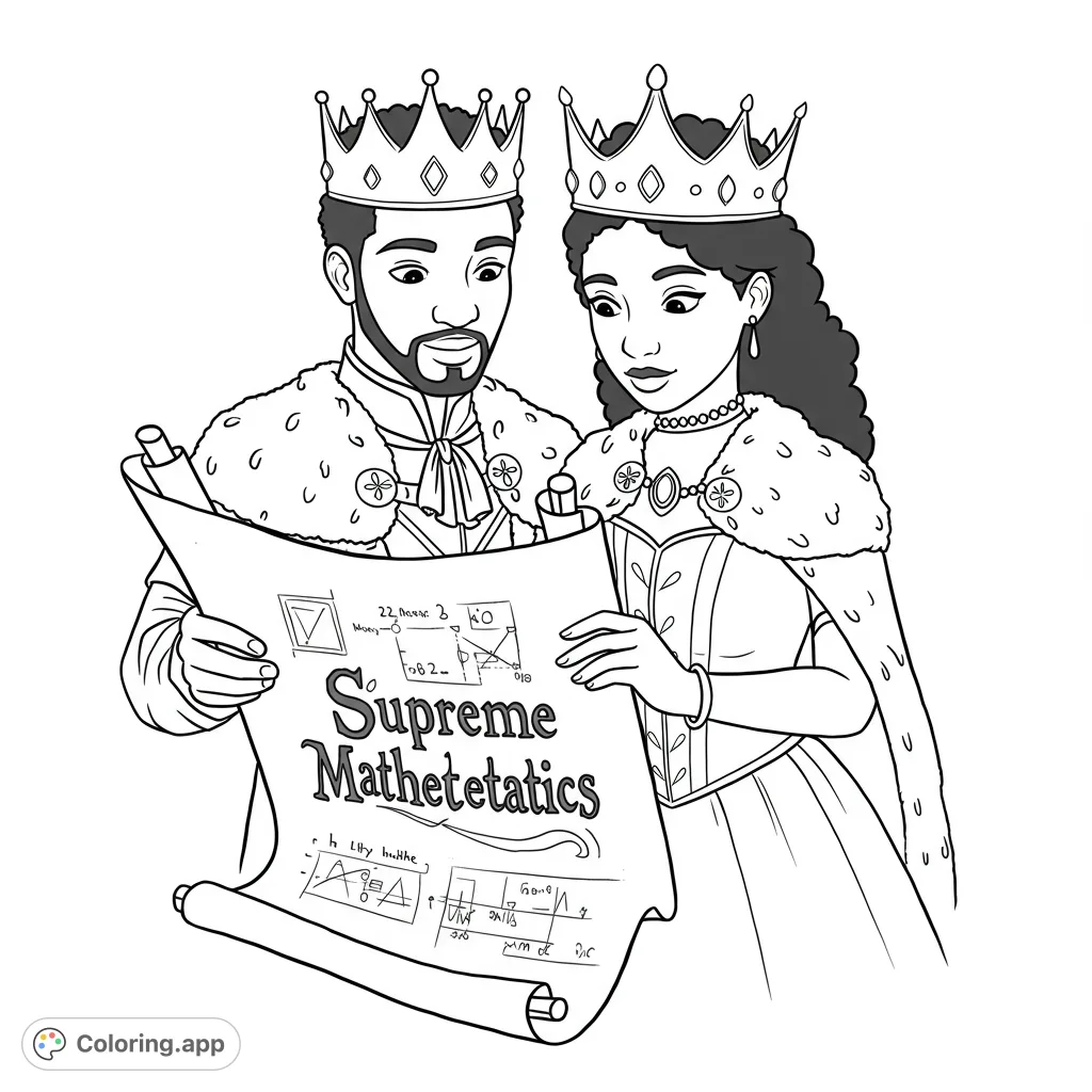 A regal king and queen intently study a scroll filled with intricate geometric patterns, perfect for a royal mathematics coloring page adventure.