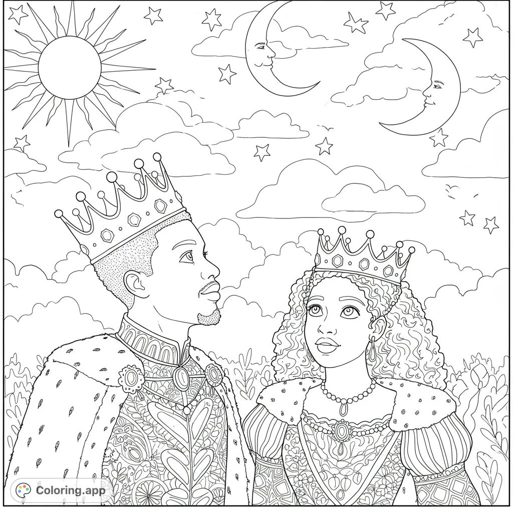 An elegant king and queen gaze upwards under a sky with sun, moons, and stars. Intricate royal attire and celestial details await your colors.