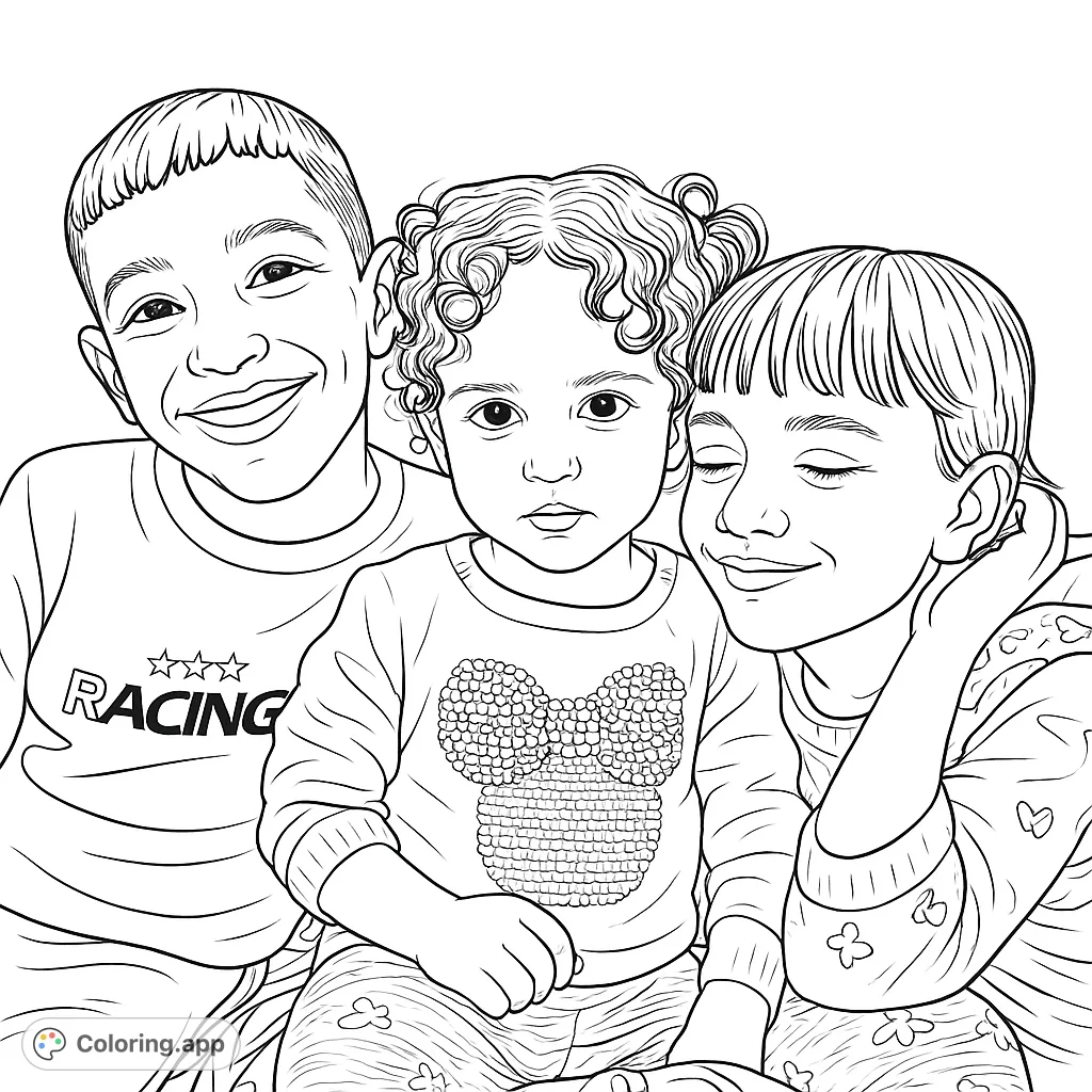 A heartwarming free printable coloring page featuring three joyful children, perfect for kids and adults to color. Explore details like textured hair and patterned clothes.