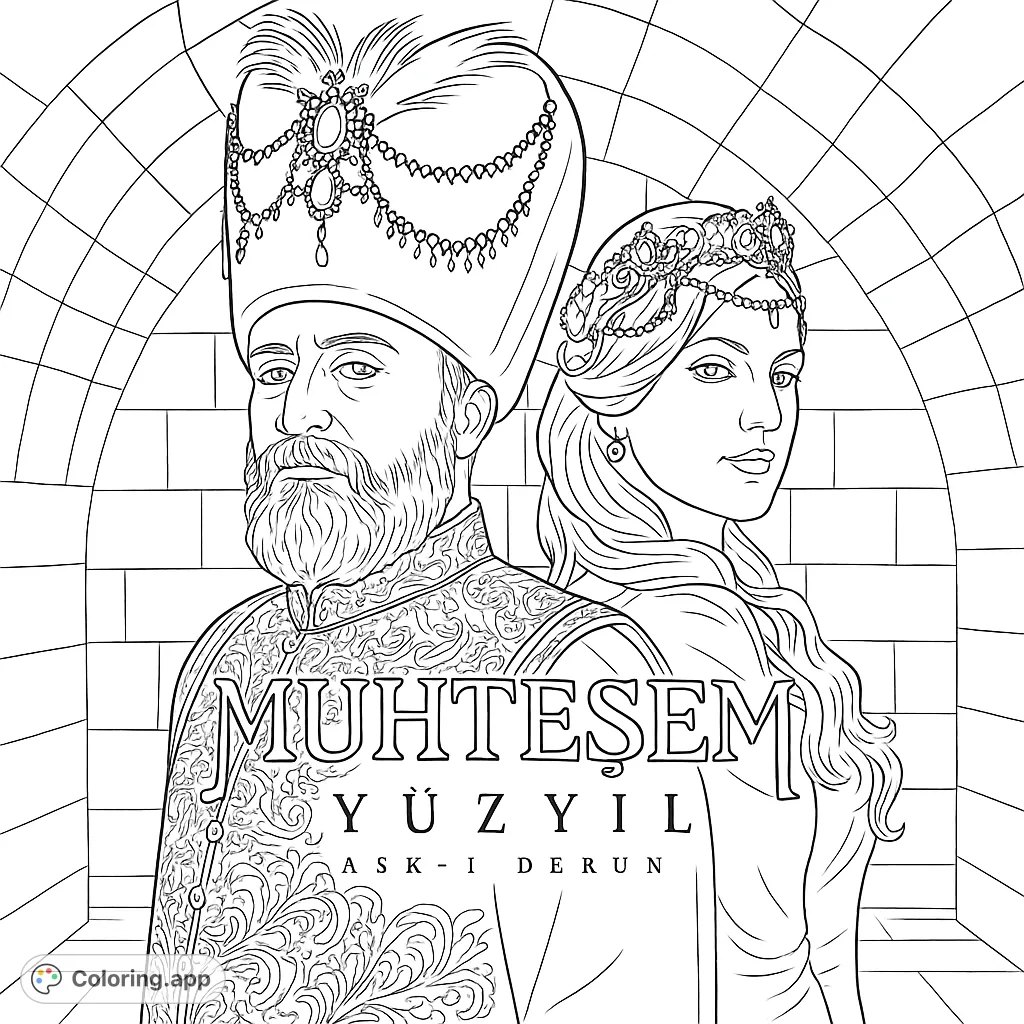 A majestic historical portrait featuring a regal man in an ornate turban and a graceful woman with a jeweled crown, set against an arched backdrop.