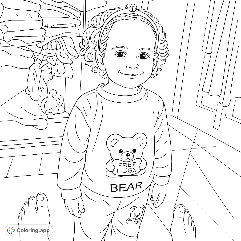 Adorable toddler in a teddy bear outfit, smiling sweetly, with adult feet in the foreground. A charming scene for a delightful coloring experience.