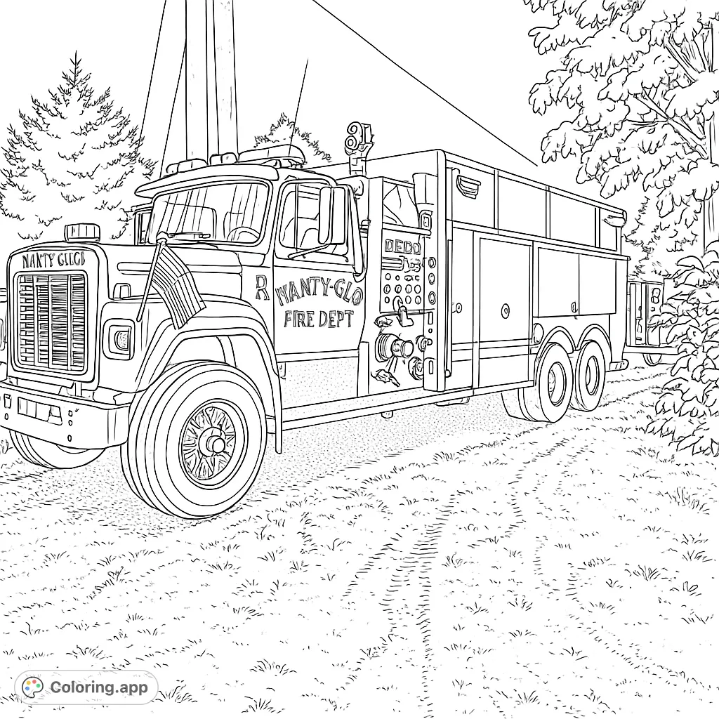 A detailed fire truck ready for action, featuring a classic design with ladders, hoses, and flags. Perfect for vehicle enthusiasts and aspiring heroes.