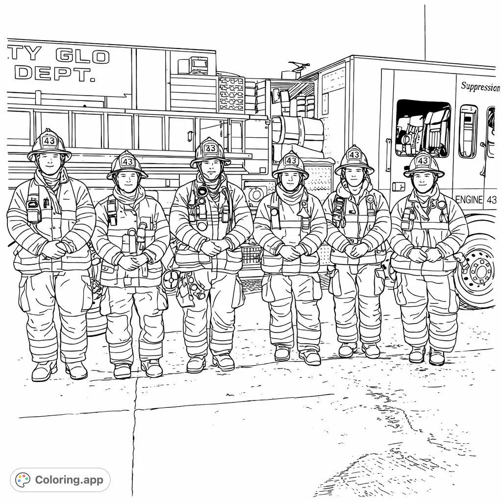 A brave team of seven firefighters in full gear stands proudly before their powerful emergency vehicles. A scene of community heroes ready for action.
