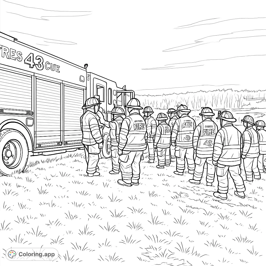 A detailed scene of firefighters and emergency personnel at an incident, featuring a large fire truck and a damaged vehicle, set against a grassy field.