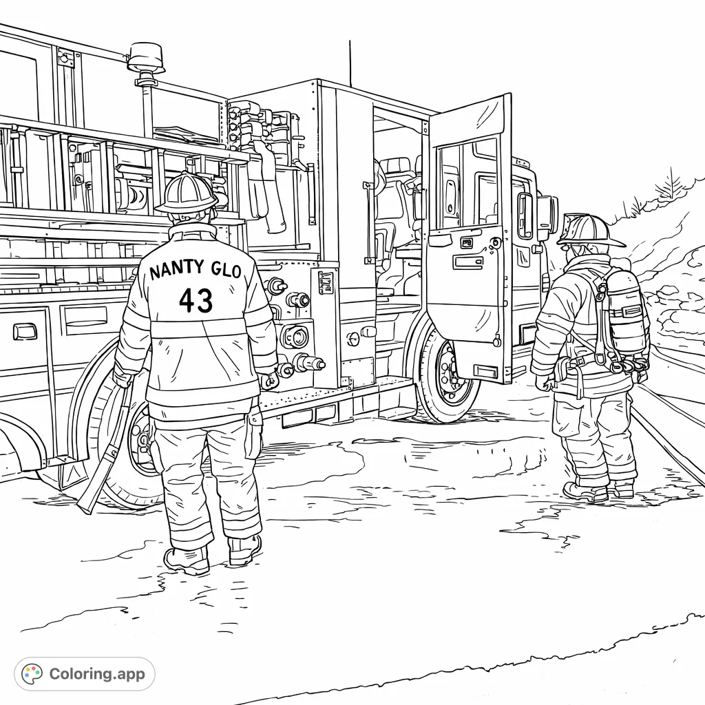 Depicting two brave firefighters with their detailed emergency vehicle, ready for action. Explore textures, equipment, and a night scene, perfect for aspiring heroes.