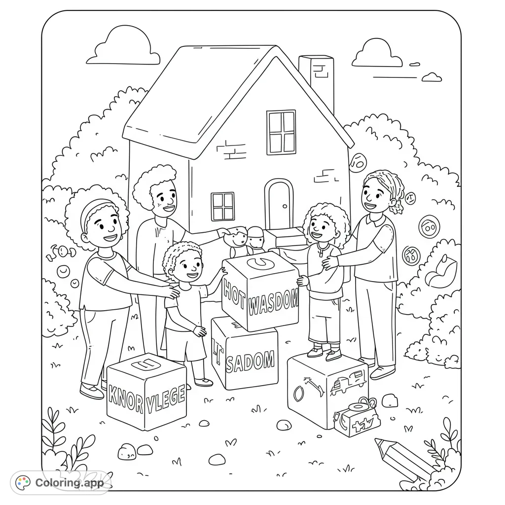 A joyful family builds a house with large, symbolic blocks, fostering teamwork and creativity. A free printable family building coloring page for all ages.