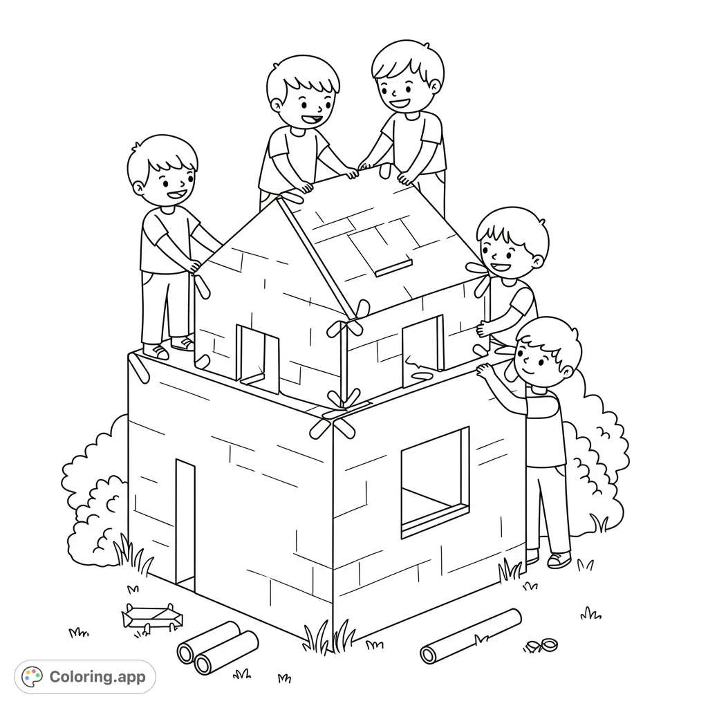 Five happy boys collaborate to build a two-story playhouse, featuring a block-like structure and a triangular roof. A fun teamwork coloring page.
