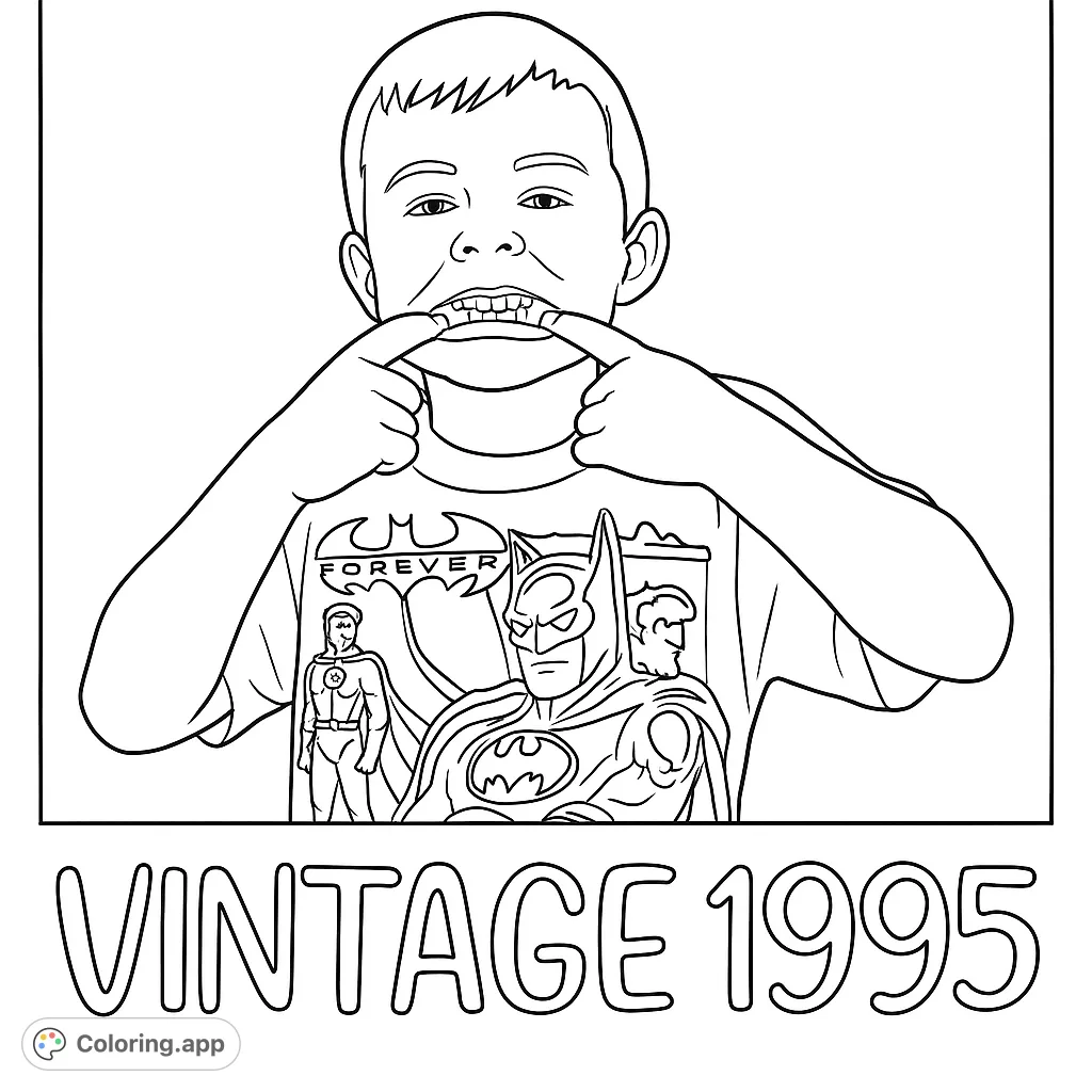 A playful boy showing his teeth, wearing a superhero t-shirt. A fun, free printable coloring page for kids and adults.