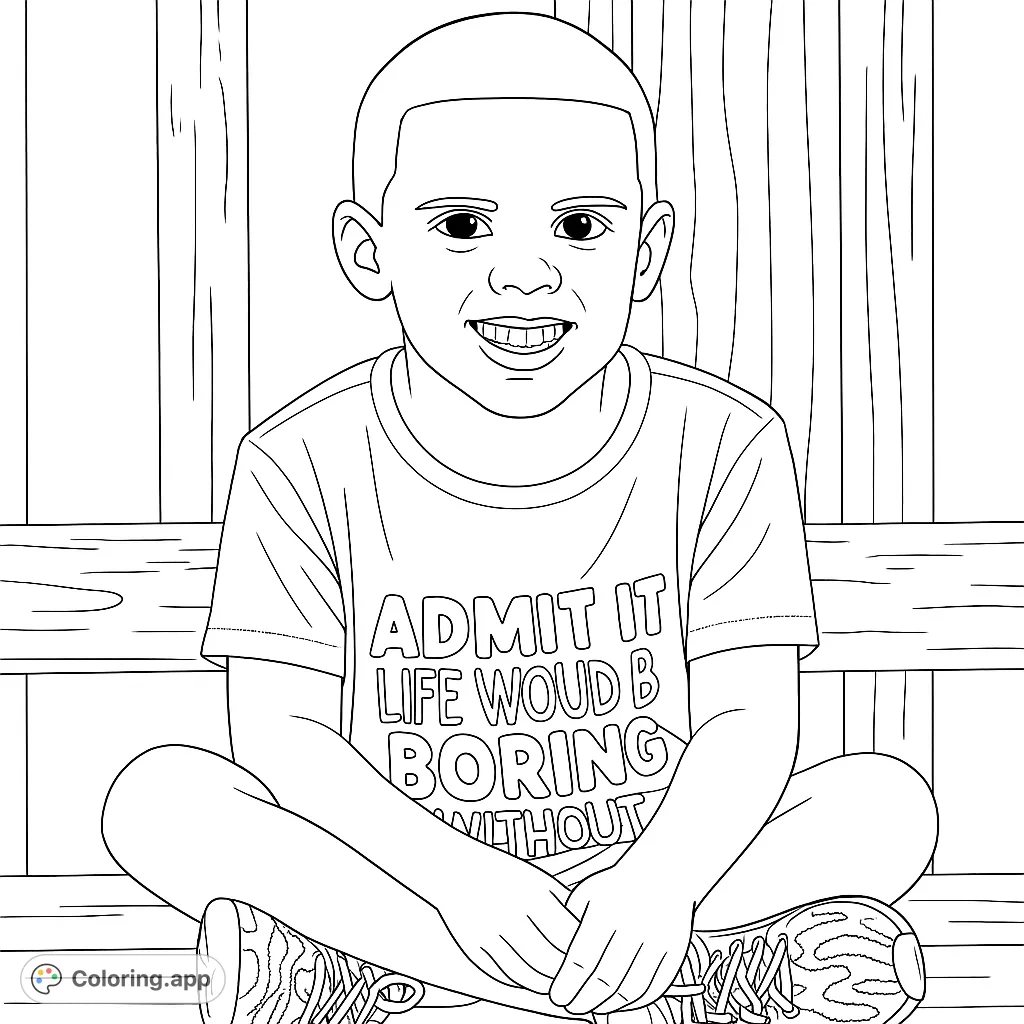 A cheerful boy sits cross-legged against a rustic wooden fence, ready for vibrant colors. A free printable coloring page for kids and adults.