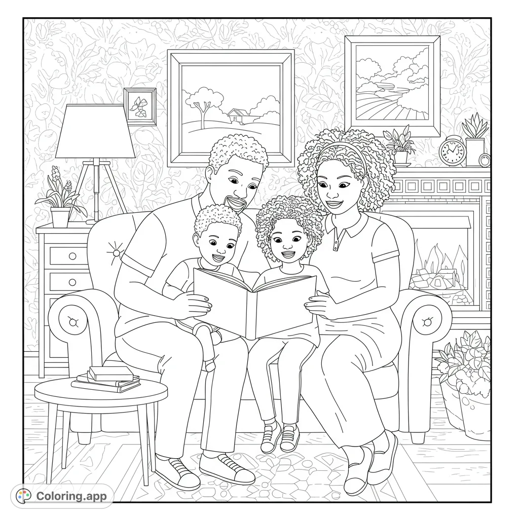 A heartwarming family coloring page featuring a father, mother, and two children reading a book together in a cozy living room. Free printable for all ages.