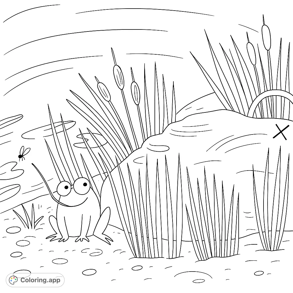 A delightful pond life coloring page featuring a curious frog with a long tongue, a fly, lily pads, and reeds, with a hint of hidden treasure.