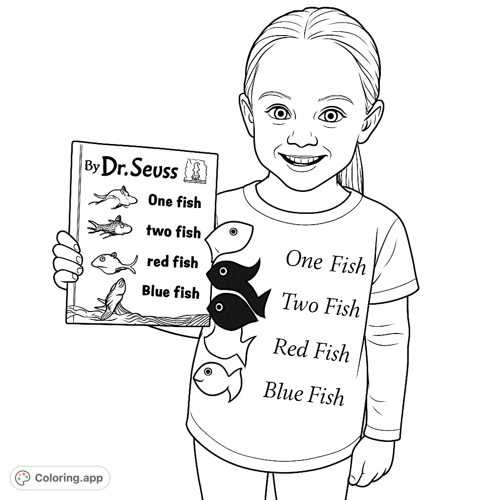 A cheerful girl holds a book featuring fish, wearing a shirt with matching fish designs. A fun Dr. Seuss-inspired coloring page.