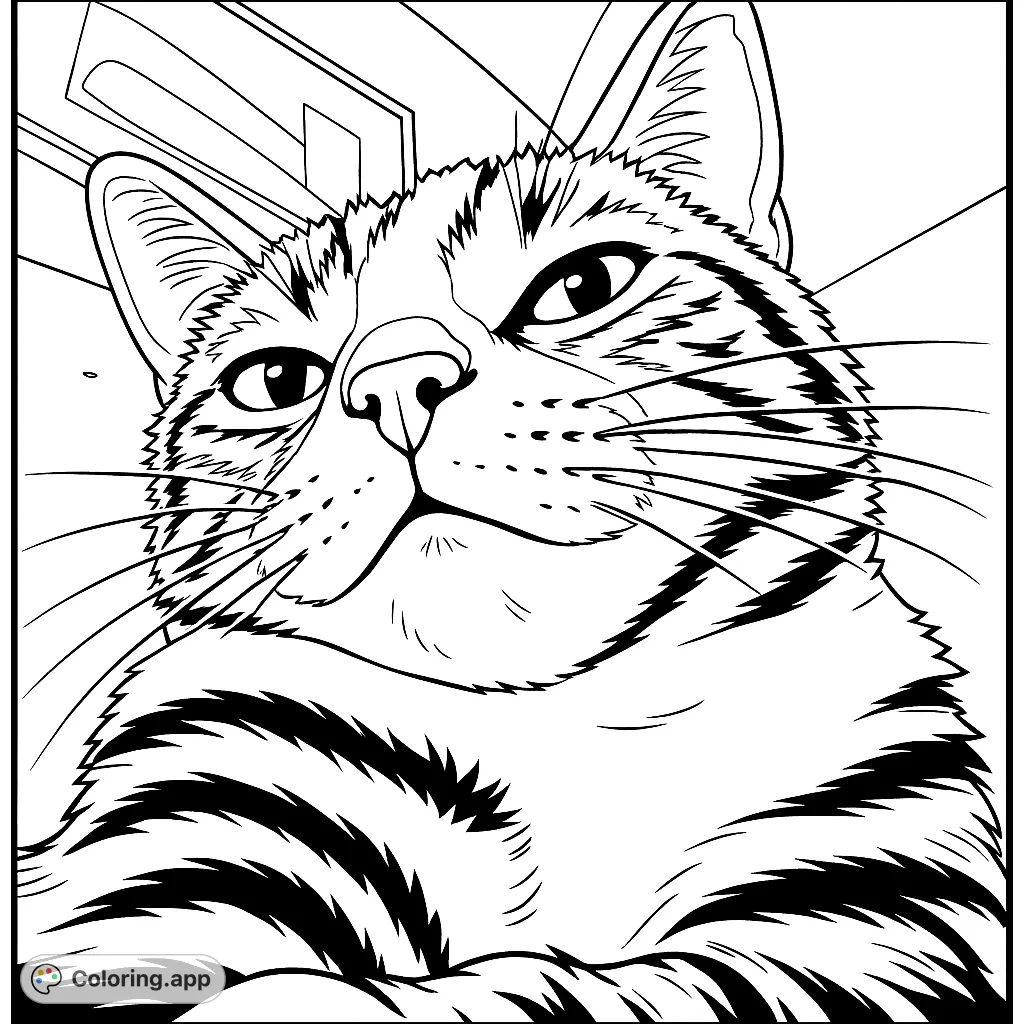 A captivating striped cat portrait, perfect for cat lovers! Features expressive eyes, detailed fur, and a dynamic background. Free printable cat coloring page.
