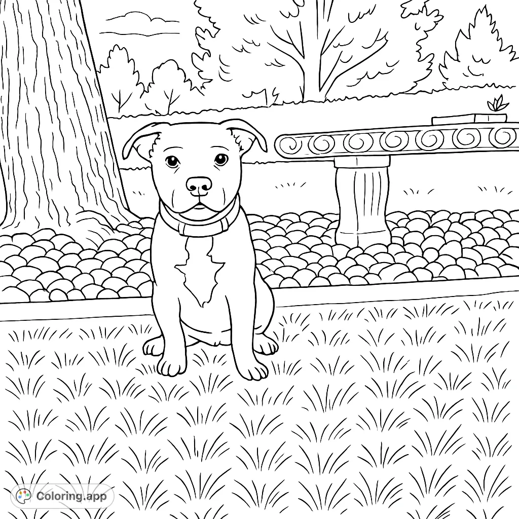 An adorable dog sits patiently in a park setting, featuring a detailed bench and lush grass. A free printable dog coloring page for all ages.