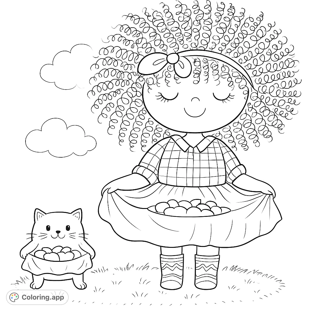 An adorable girl and her cute cat gather eggs in a charming farm scene. A delightful free printable coloring page for kids and adults.