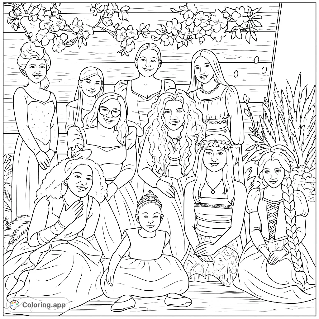 A delightful group of diverse princesses and friends in elegant gowns, ready for a magical coloring adventure.