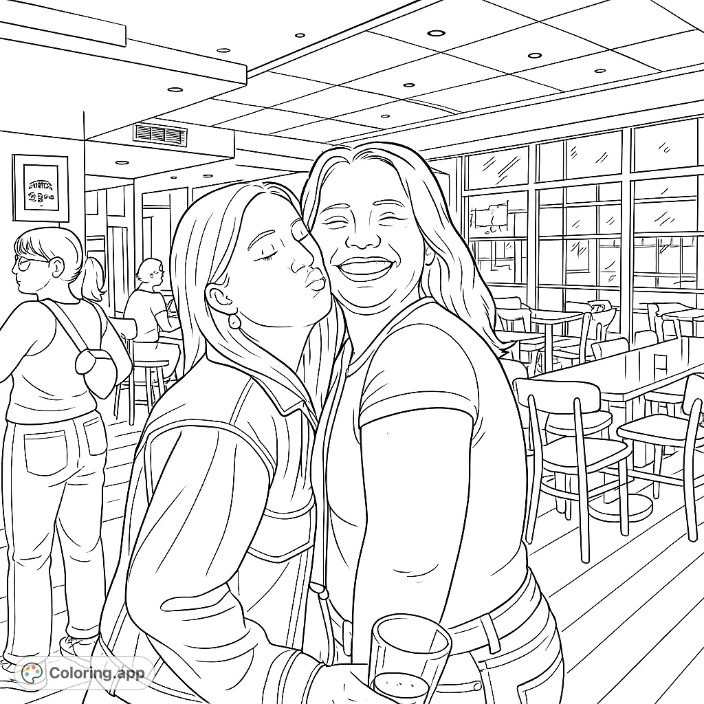 Capture the joy of friendship with this free printable cafe scene coloring page. Two friends share a laugh, perfect for relaxation and creative expression.