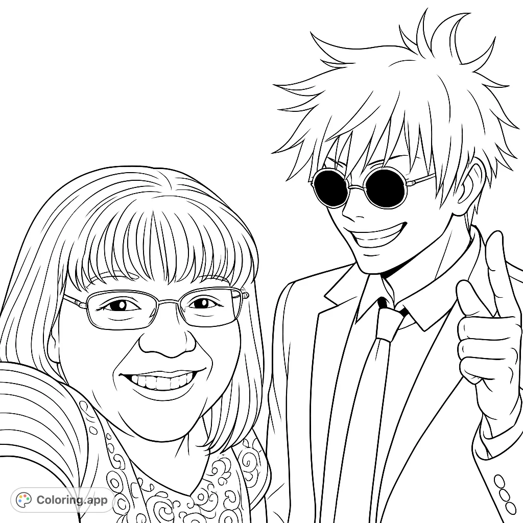 A unique anime character coloring page featuring a smiling woman in glasses and a cool anime man in a suit, perfect for fans of all ages.