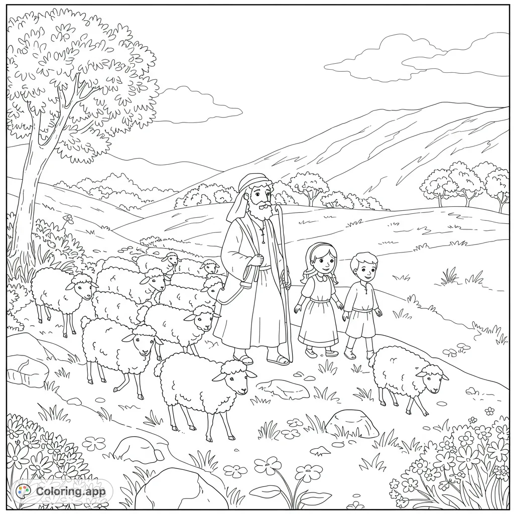 A shepherd, two children, and their flock traverse rolling hills. A peaceful pastoral scene for a free printable coloring page.