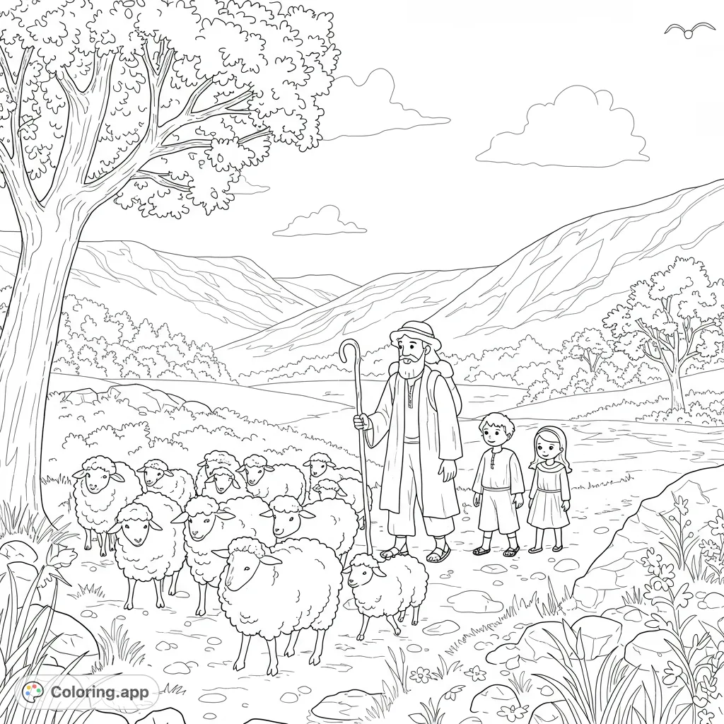 A serene pastoral scene featuring a shepherd, two children, and a flock of sheep walking through rolling hills. Perfect for a peaceful coloring experience.