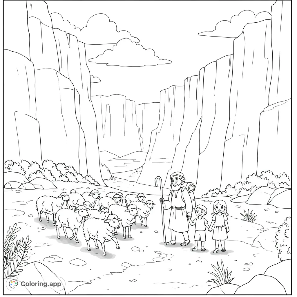 A peaceful shepherd, children, and sheep journey through a majestic canyon. A free printable shepherd coloring page for kids and adults.