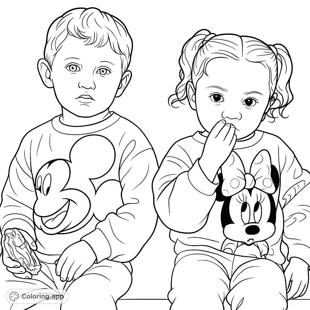 Two adorable children, a boy in a Mickey Mouse shirt and a girl in a Minnie Mouse shirt, ready for a fun coloring adventure.