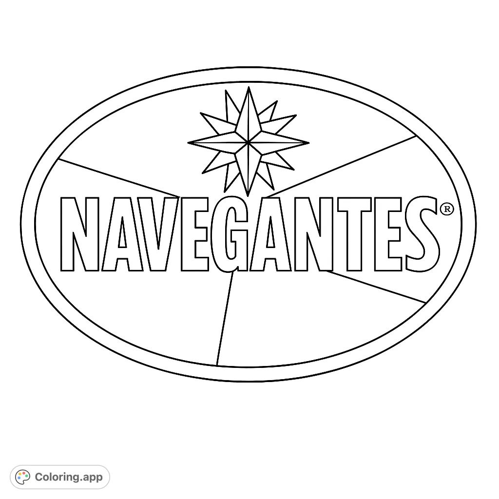 A unique Navegantes emblem coloring page featuring a detailed compass rose and the brand name within a segmented oval, perfect for all ages.