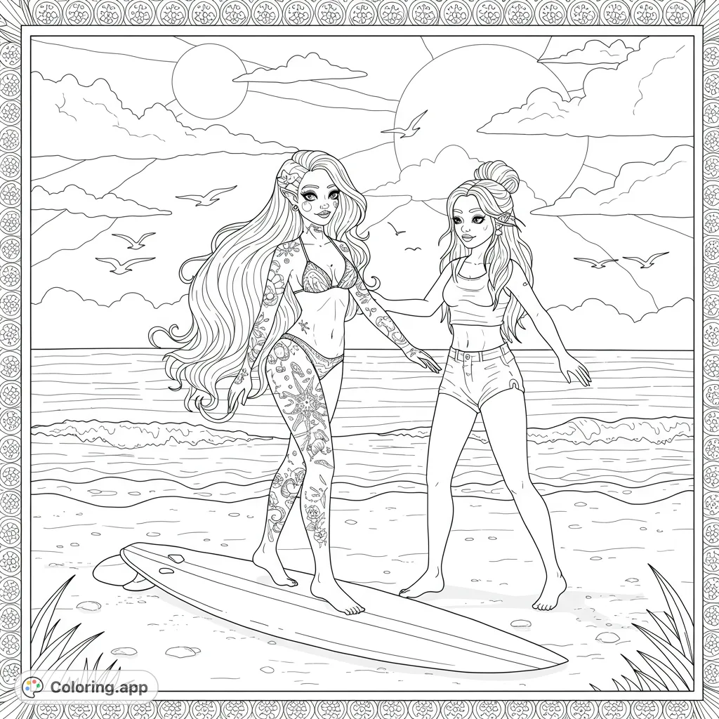 Dive into a fantasy beach scene with two elven friends, one on a surfboard, ready for adventure. A detailed fantasy beach coloring page for all ages!