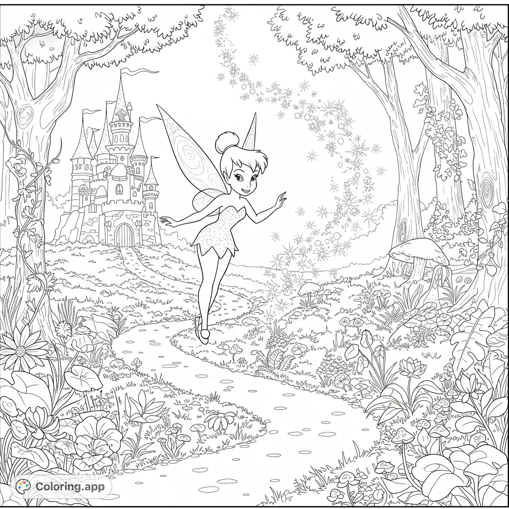 A magical fairy floats through an enchanted forest with a grand castle in the background. A whimsical scene perfect for fantasy coloring page enthusiasts.