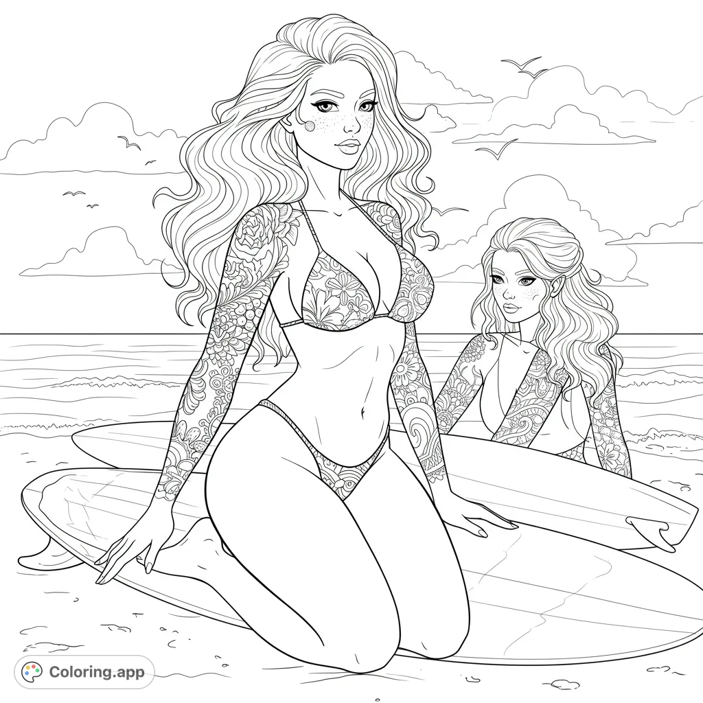 Dive into summer with this beach babes coloring page! Two stylish surfers with intricate tattoos await your creative touch on a sunny beach.