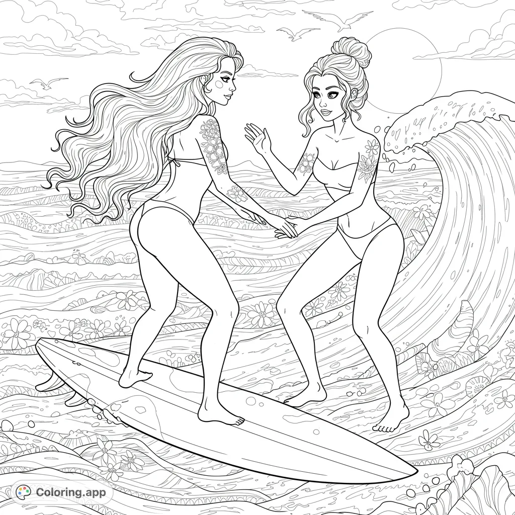 Catch the perfect wave with two friends on a surfboard! This dynamic surfing scene features detailed waves, floral accents, and a sunny ocean backdrop, ready for your vibrant colors.