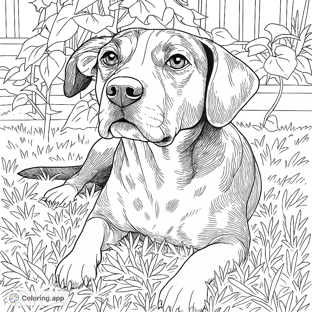 A charming dog rests peacefully in a lush garden, surrounded by detailed grass and foliage. A delightful free printable dog coloring page for all ages.