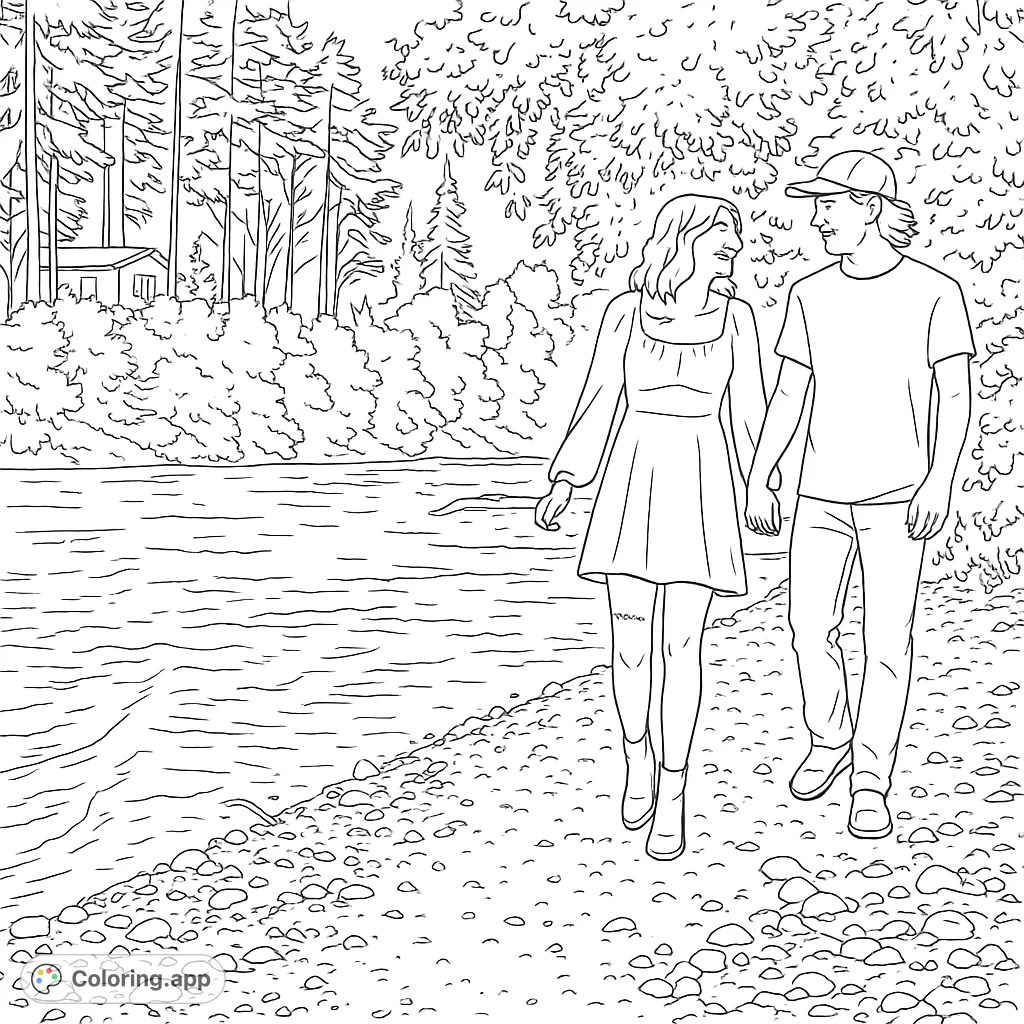 A romantic couple strolls hand-in-hand along a rocky riverbank, surrounded by lush forest and a distant cabin. A perfect free printable coloring page.
