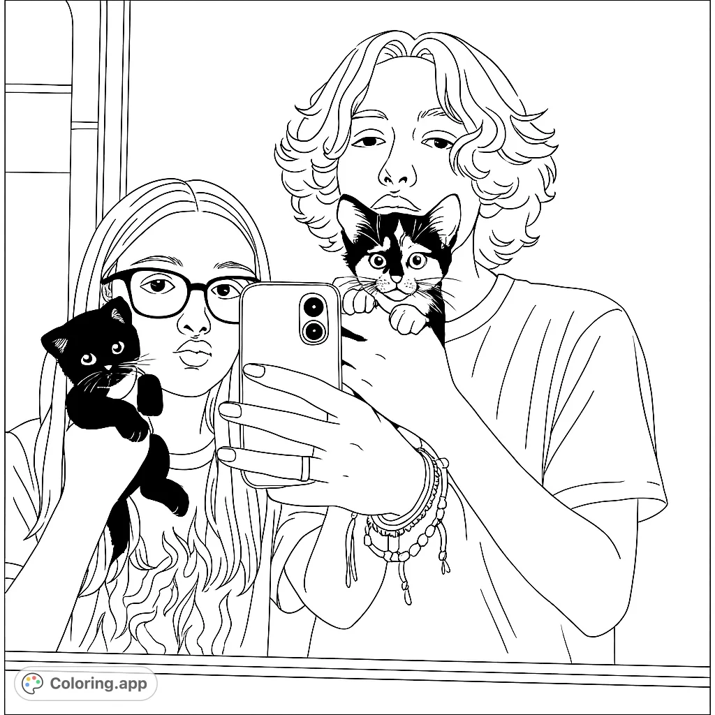 A heartwarming selfie moment featuring two friends and their adorable kittens. Perfect for animal lovers and those who enjoy detailed, expressive portraits.