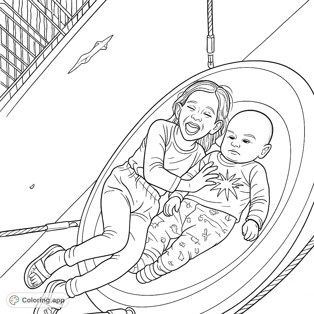 A happy girl and baby share a large swing, captured in a delightful moment of sibling connection. This free printable coloring page is perfect for all ages.