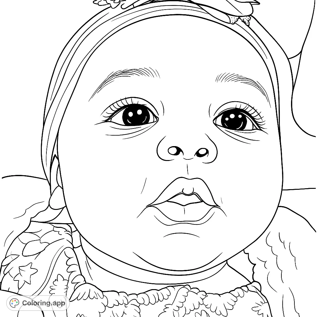 A heartwarming baby portrait coloring page, perfect for celebrating new life. Features a sweet infant with a cute headband and patterned outfit.
