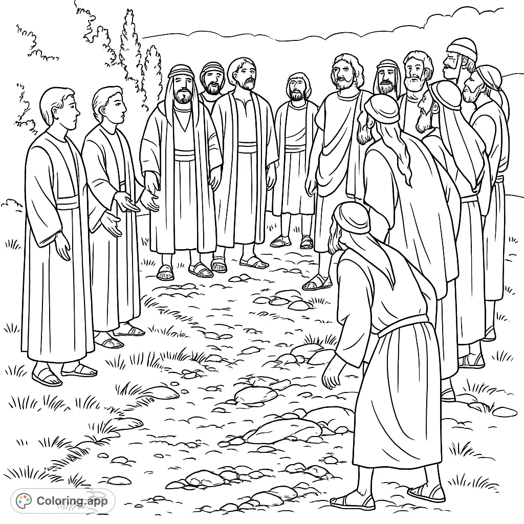 A group of biblical figures in robes gathered outdoors on a rocky, grassy path, with one figure bending. A spiritual coloring page for reflection.