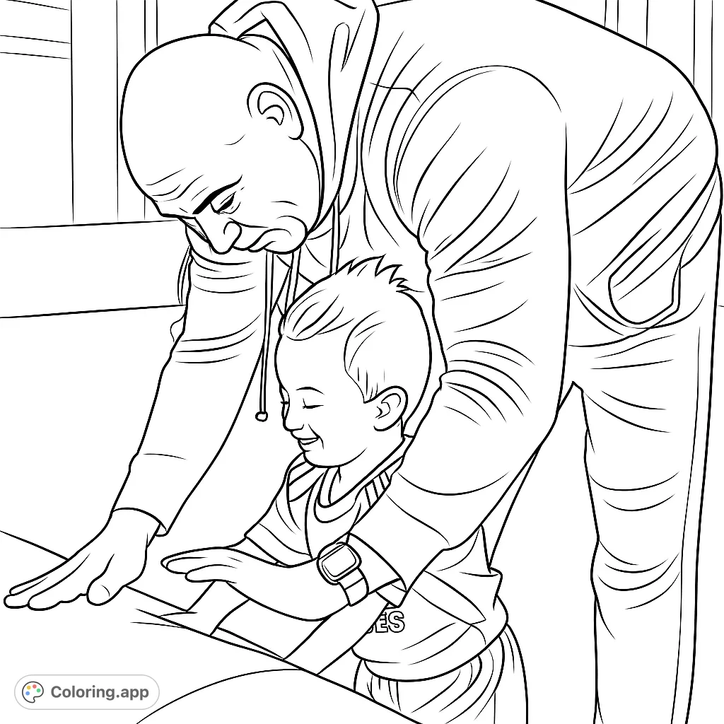 A heartwarming family bonding coloring page featuring a bald man and a smiling child sharing a tender moment, perfect for all ages.