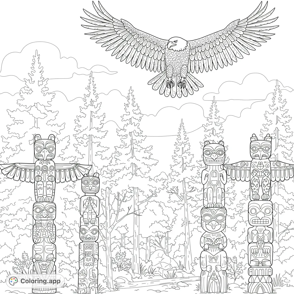 Majestic eagle soars above intricate totem poles amidst a dense forest. A detailed Pacific Northwest scene for a captivating coloring experience.