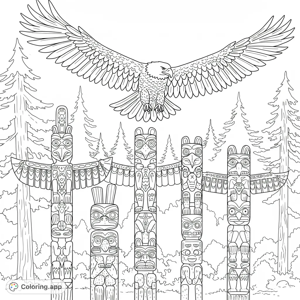 A majestic eagle soars above intricately carved totem poles amidst a dense forest. A detailed Native American cultural coloring page.