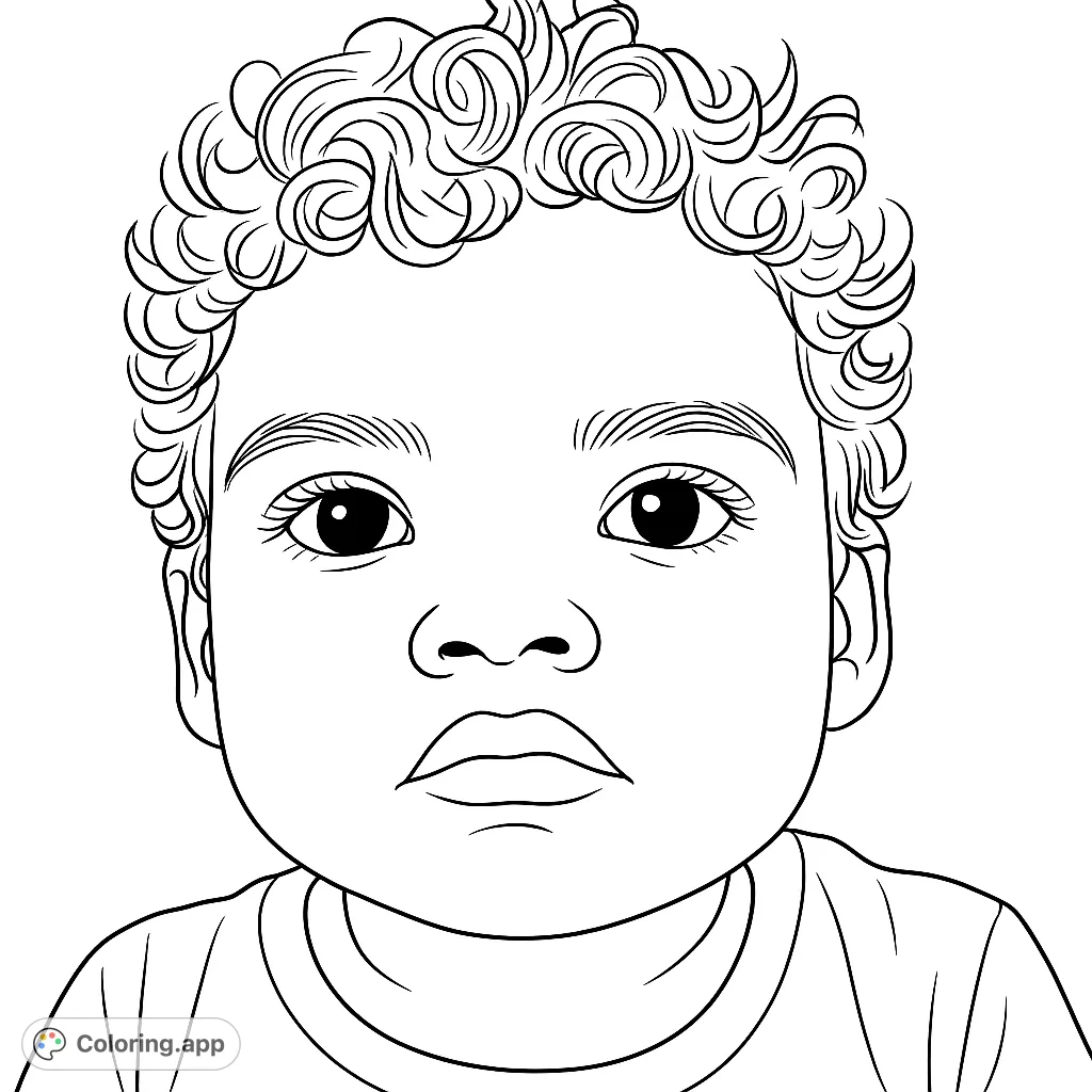 A sweet baby face coloring page with curly hair and expressive eyes, perfect for all ages. A free printable coloring page for kids and adults.